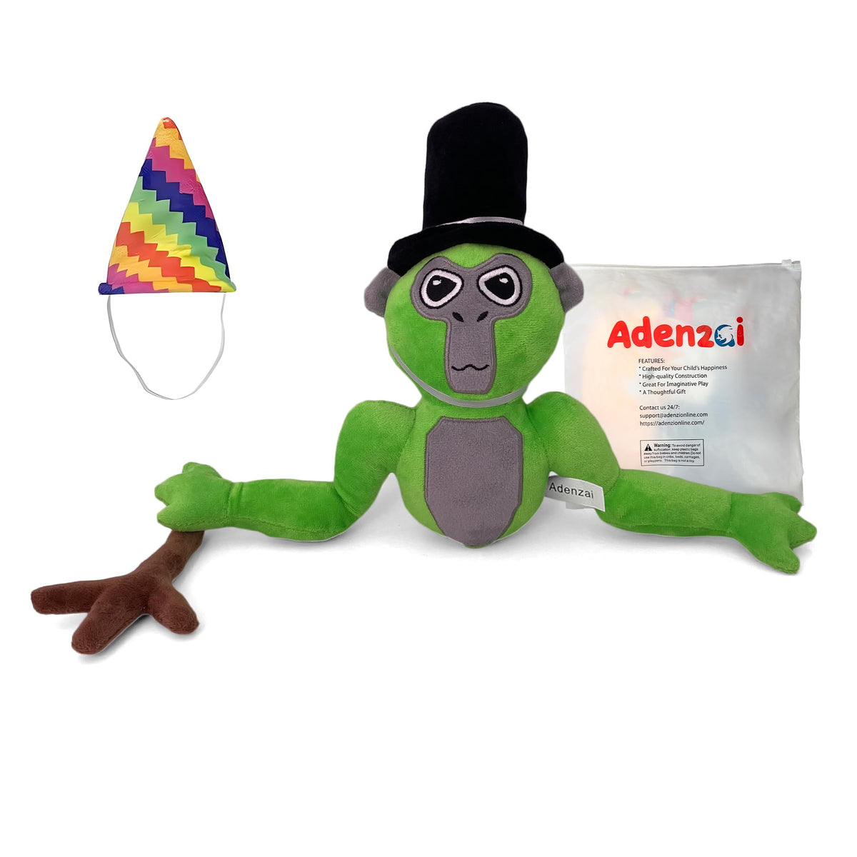 Adenzai Monkey Plush, front view, soft green cuddle buddy for kids and fans