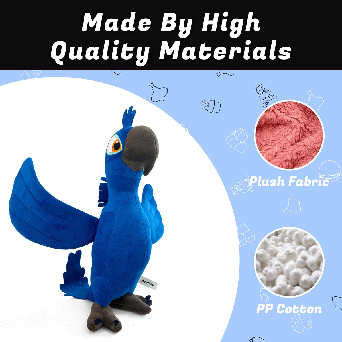 Adenzai Rio Blu plush colorful feathers showcases detail and visual appeal for collectors.