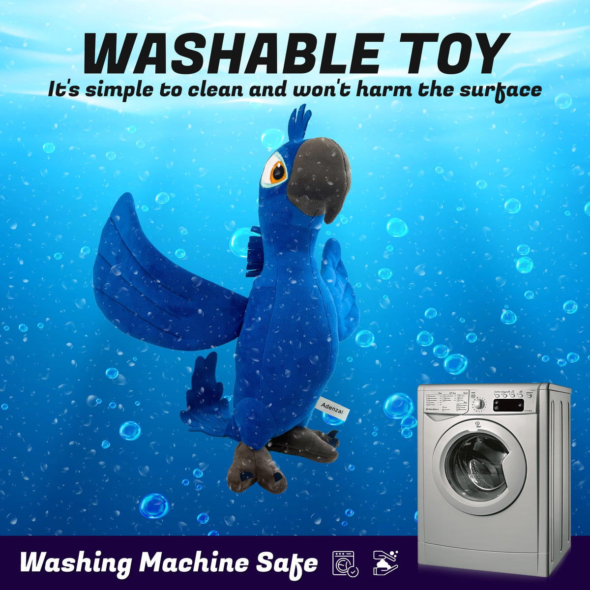 Adenzai Rio Blu plush side view highlights vibrant colors for display and storytelling.