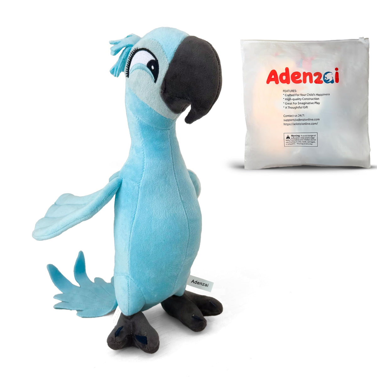 Adenzai Rio Jewel plush front view shows vibrant blue macaw colors for play and display.