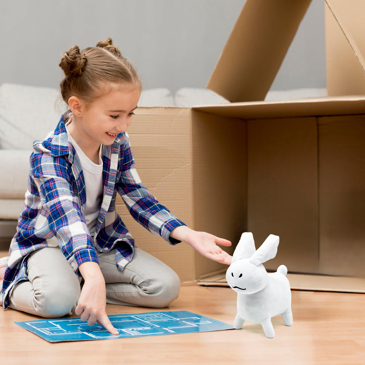 Adenzai White Gubby Rabbit Plush packaged for gifting.