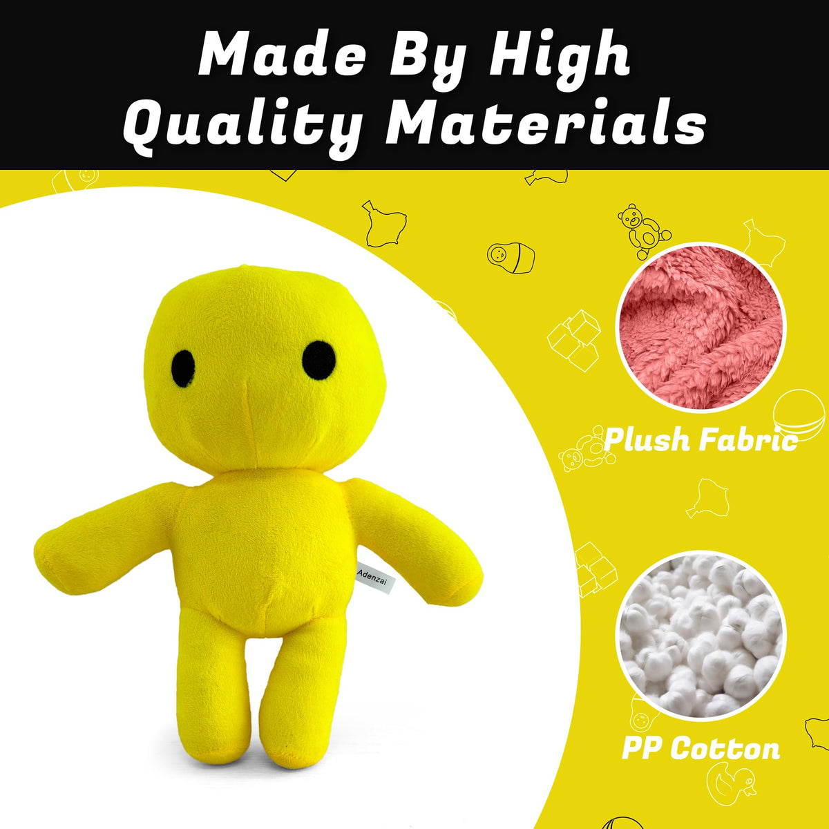 Adenzai Yellow Man plush close-up texture highlighting durable materials