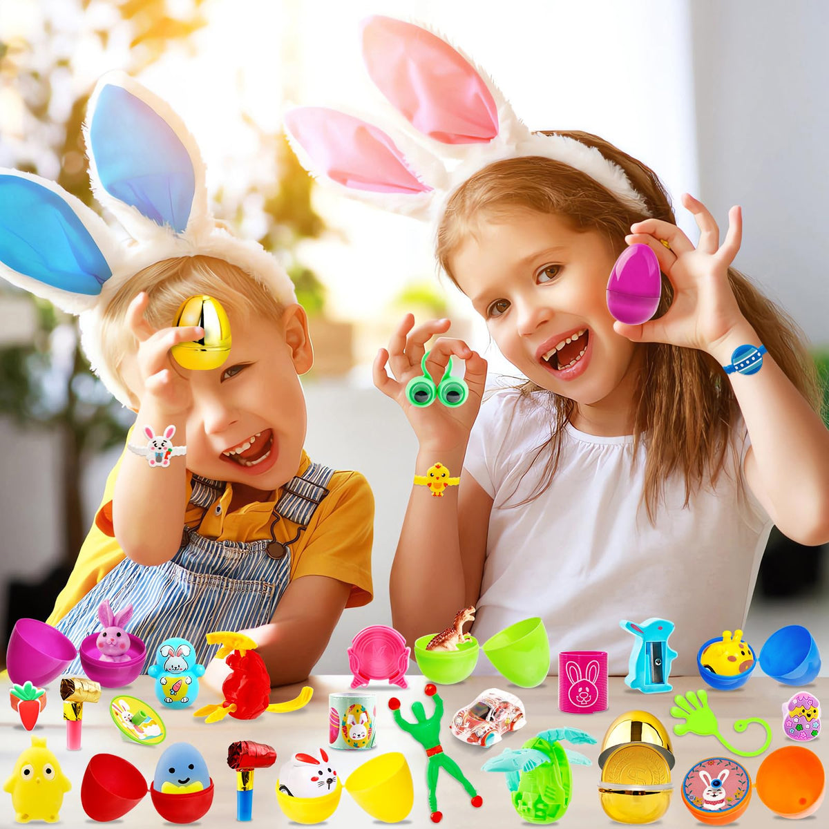 Adisher 200-pcs Easter eggs with assorted toys for gifts and hunts.