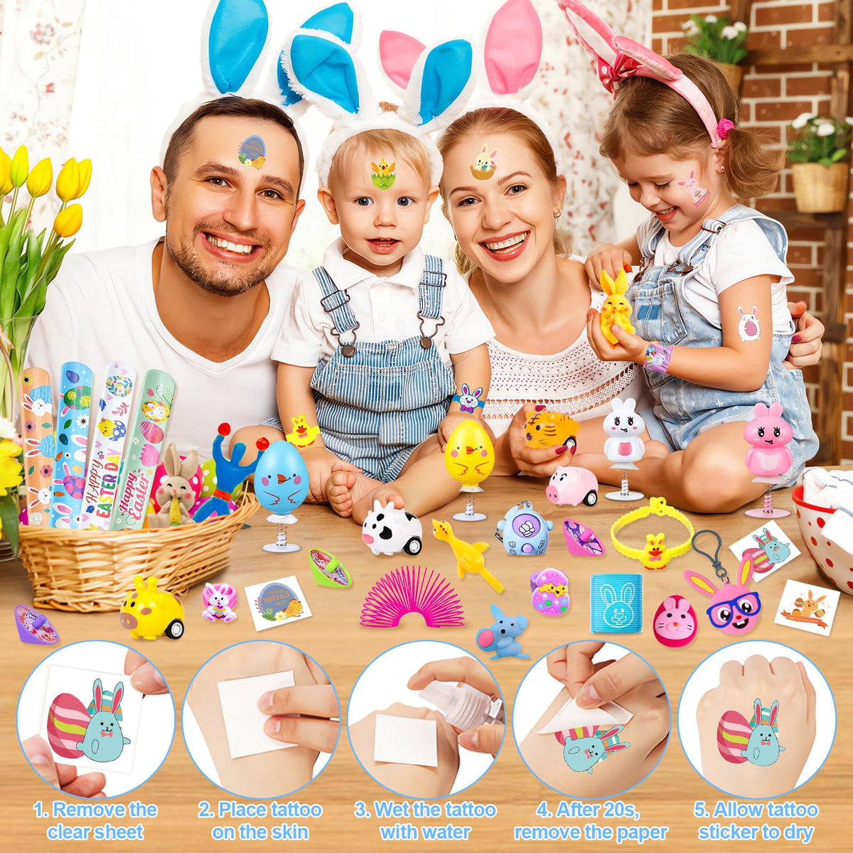 Adisher stamps and keychains as kid-friendly Easter fillers.