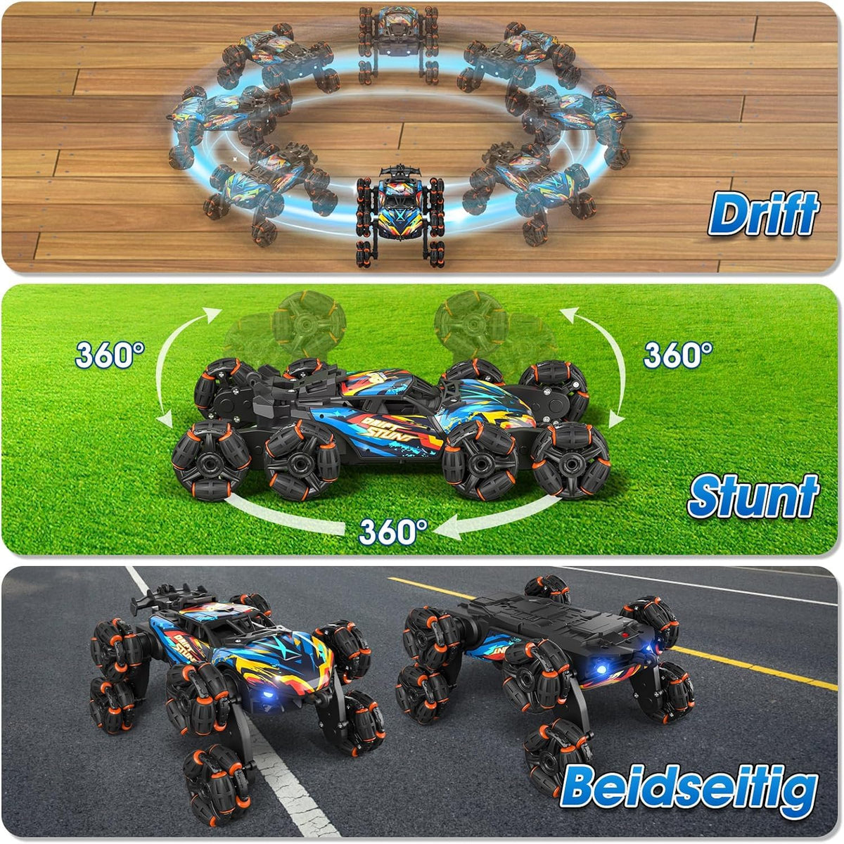 ADUSRIZ 8WD stunt car in action for indoor and outdoor play