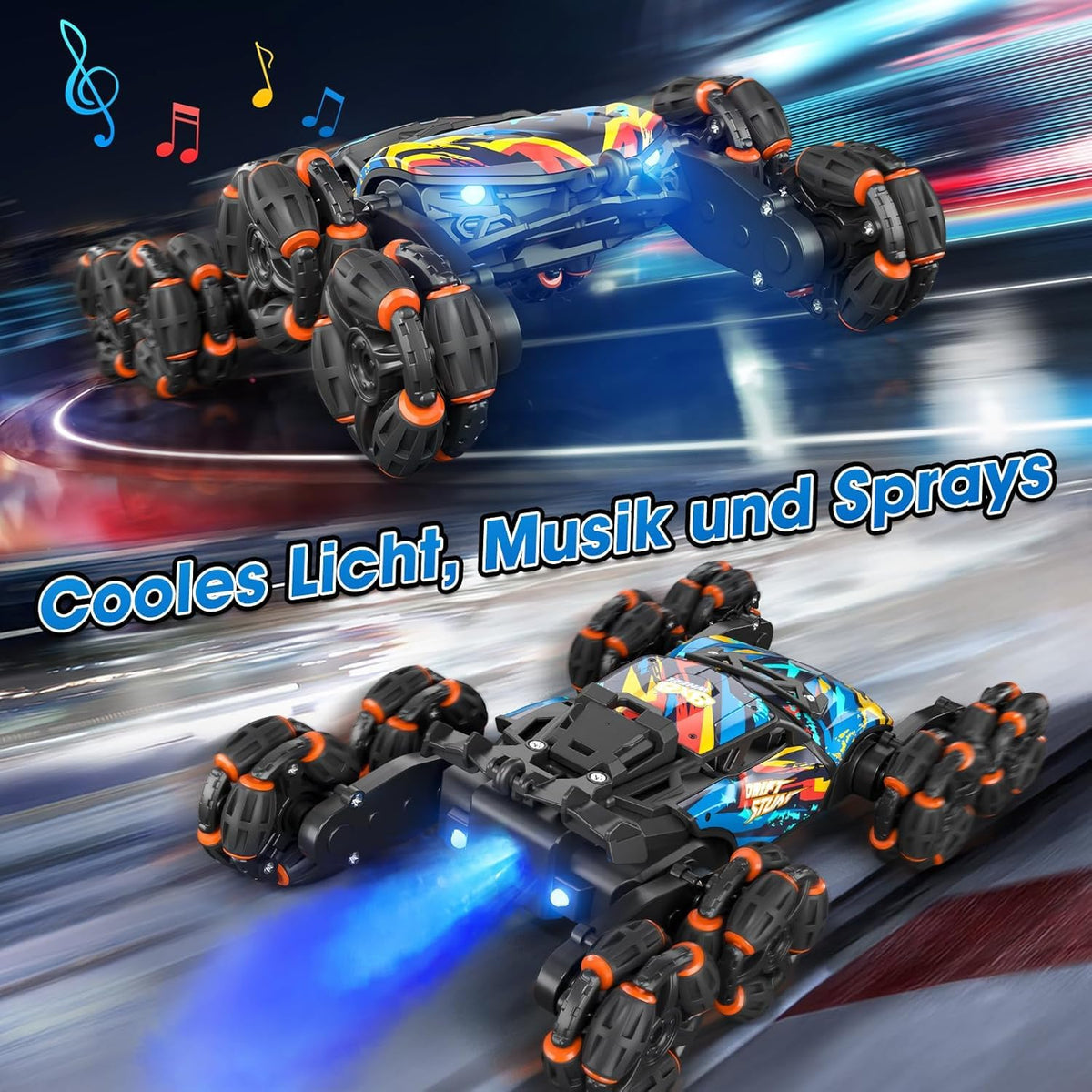 ADUSRIZ 8WD gesture RC car rear view showing spray feature in action