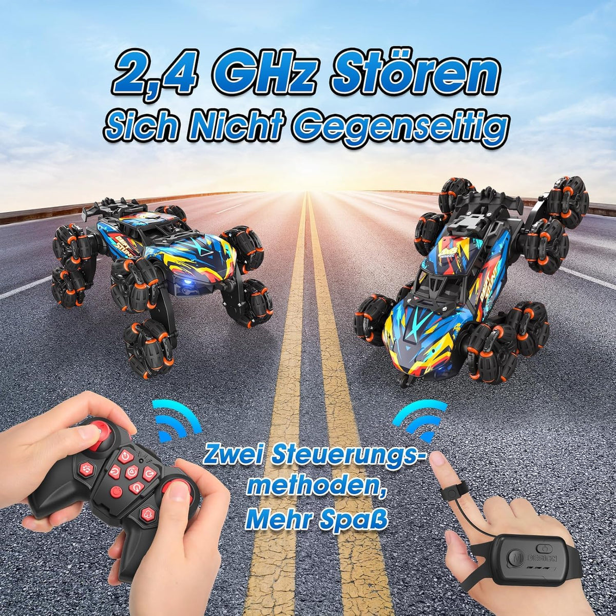 ADUSRIZ 8WD gesture RC car left side view highlighting rugged ABS frame