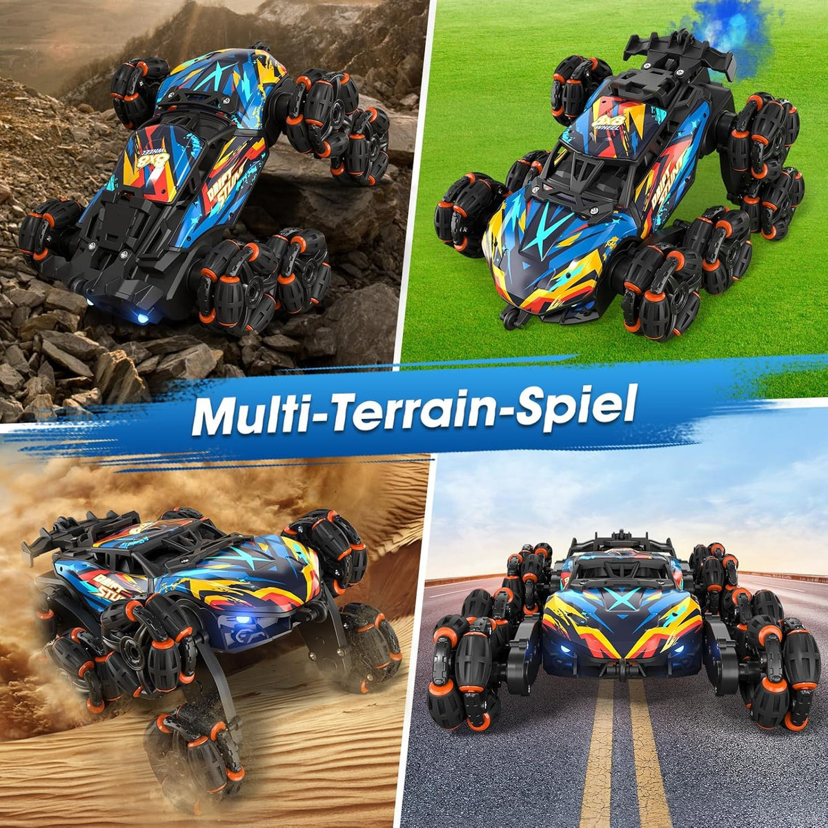 ADUSRIZ 8WD gesture RC car right side view showing drift wheels