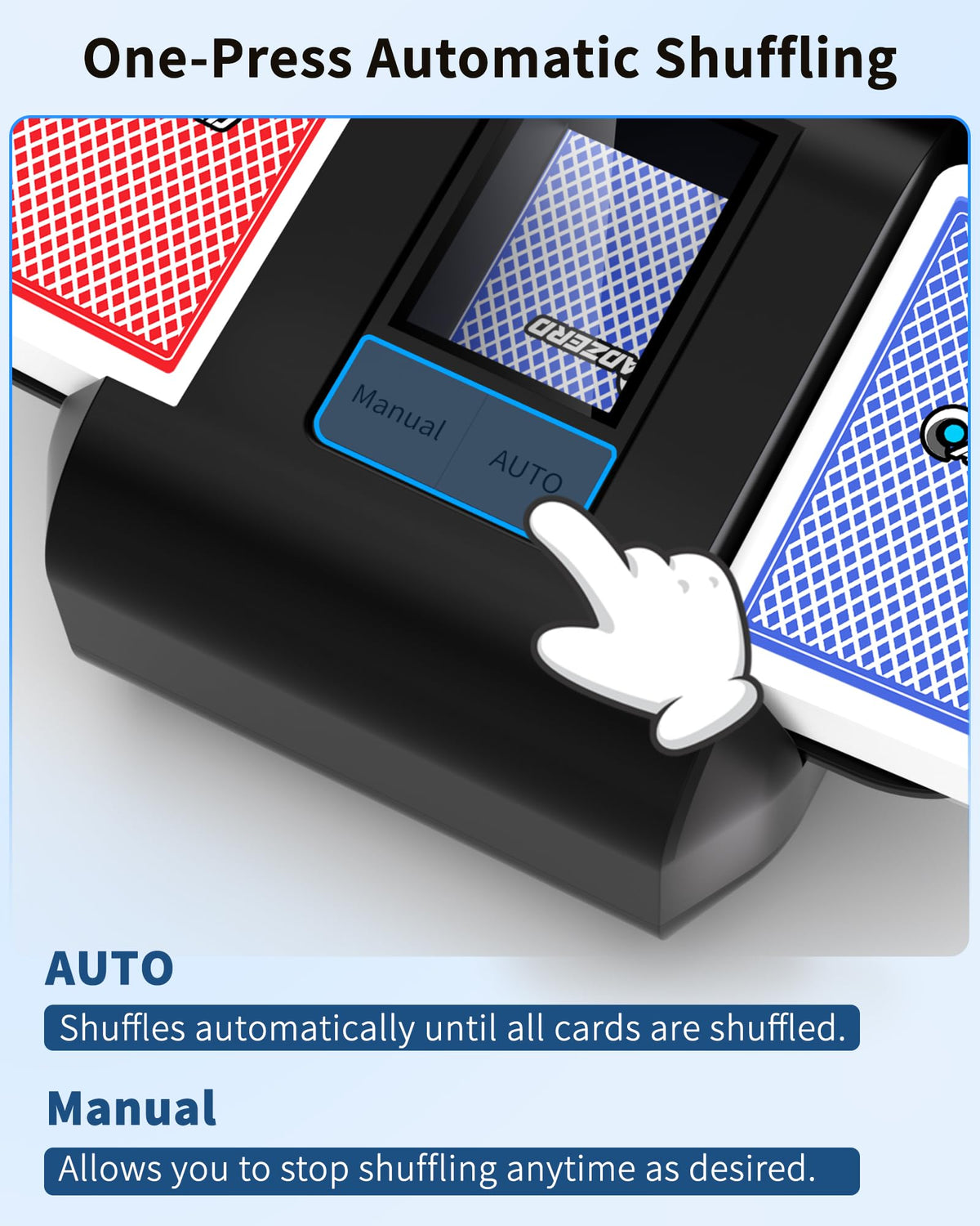 ADZERD shuffler auto mode demonstrates hands-free deck mixing.