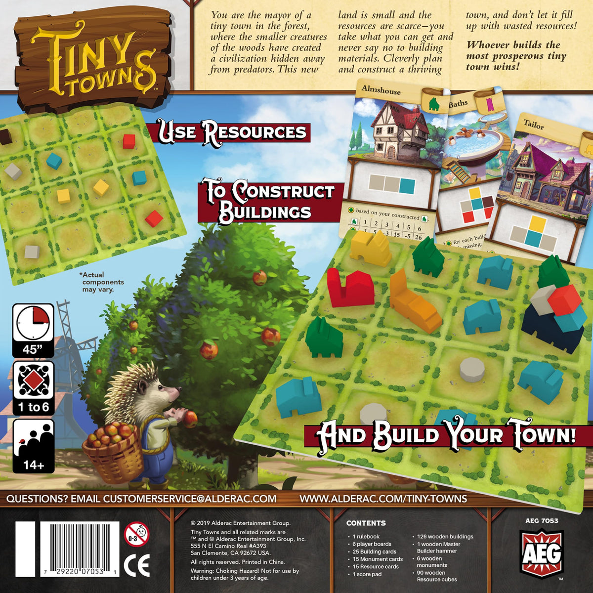 AEG Tiny Towns: resource cubes on a colorful grid support quick drafting.