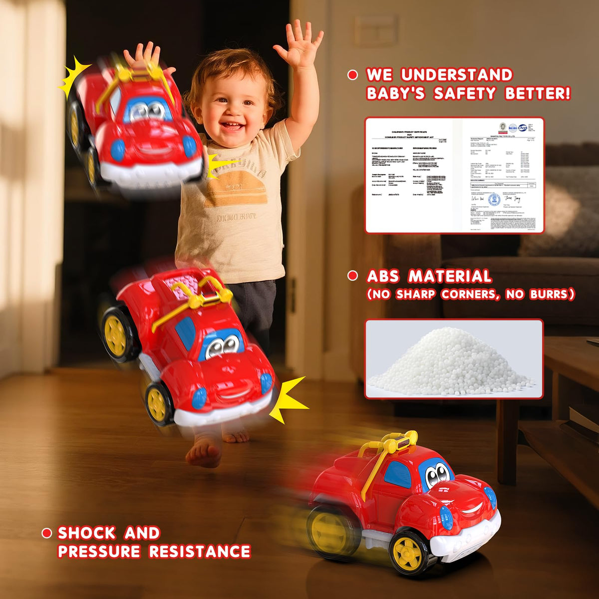 ABS plastic car features smooth edges and rounded corners for safe toddler play.