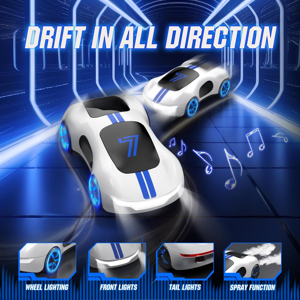 AEROQUEST RC car with LED lights and spray effects enhances stunt realism.