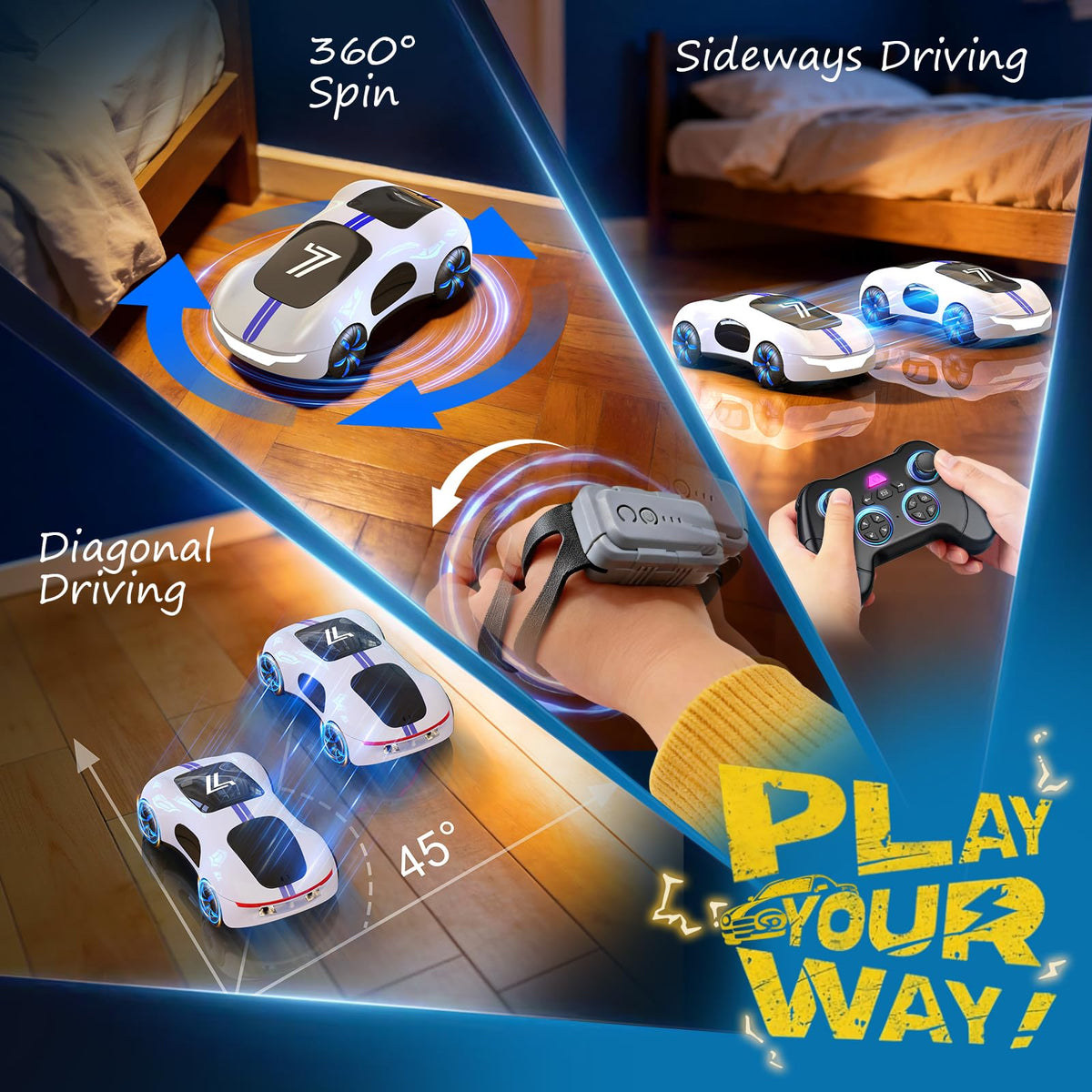 AEROQUEST gesture-sensing RC car remote with hand-gesture control for dynamic stunts.