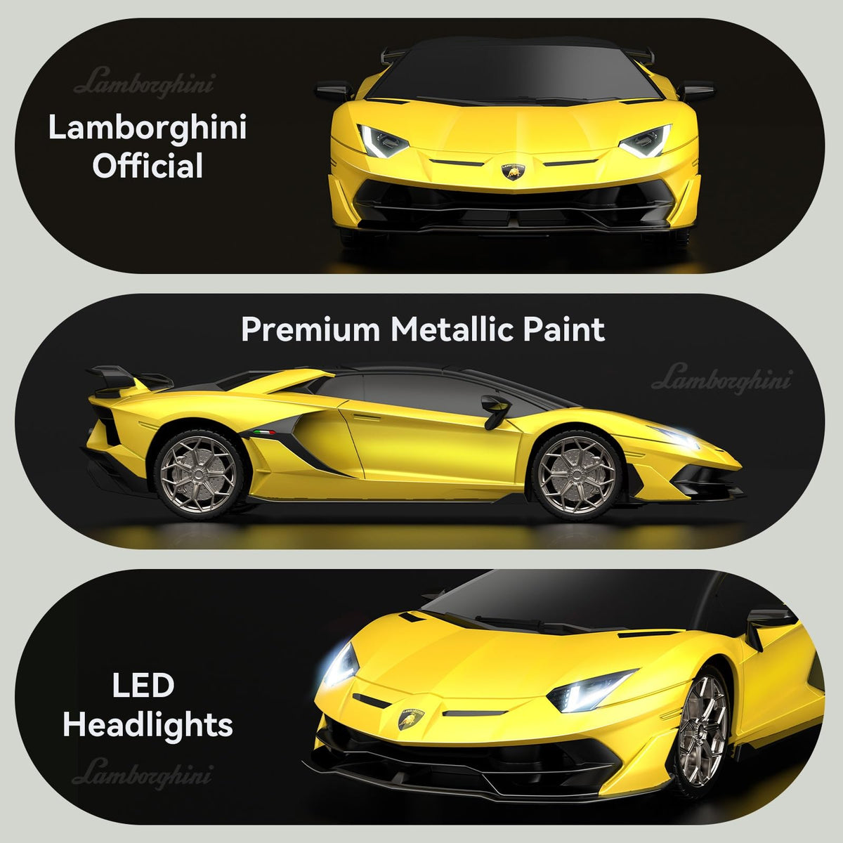 LED headlights illuminate the AEROQUEST Lamborghini RC car in motion.