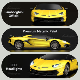 LED headlights illuminate the AEROQUEST Lamborghini RC car in motion.