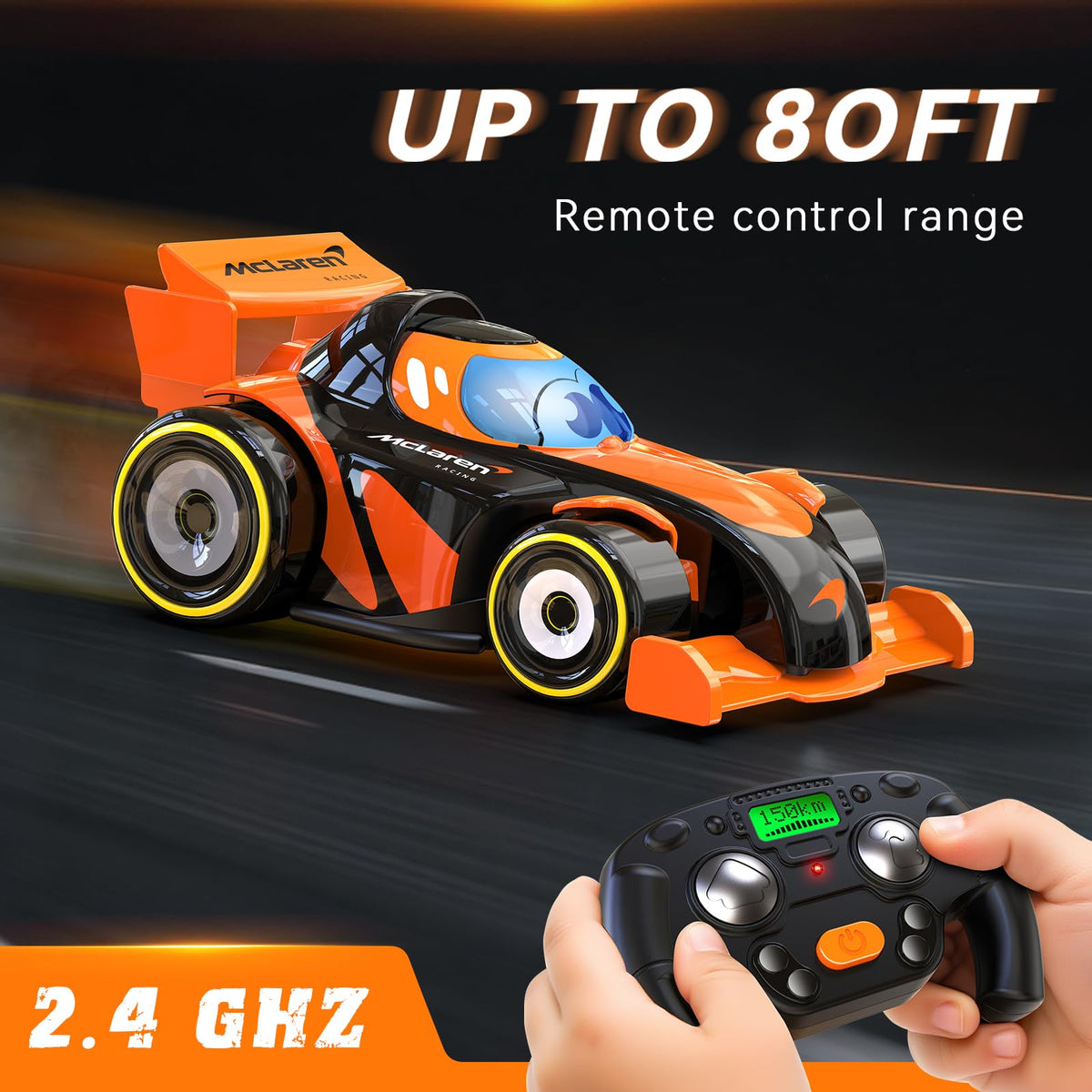 AEROQUEST McLaren F1 RC car front splitter and rear wing in motion