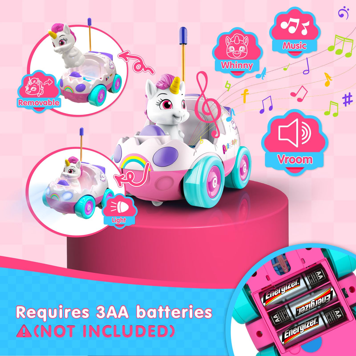 AEROQUEST unicorn RC car with interchangeable figures for imaginative play