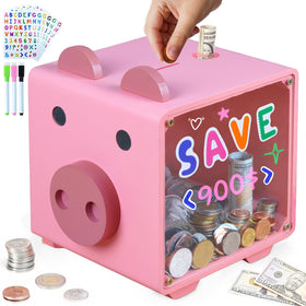 AerWo wooden piggy bank with acrylic windows showing savings growth and progress