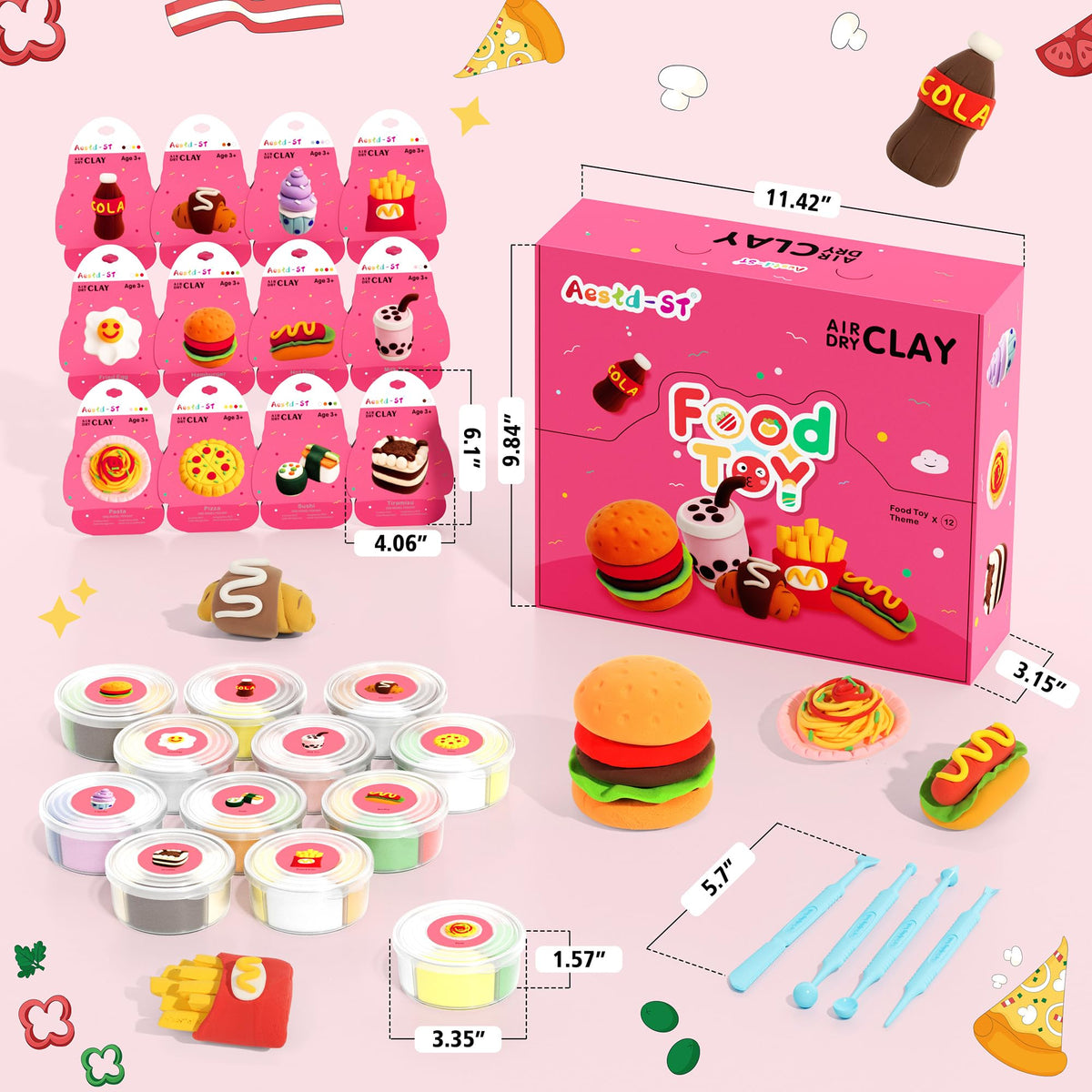 Aestd-ST clay kit colors showcase vibrant hues for playful food-themed models.