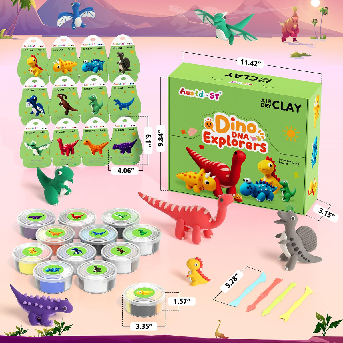Aestd-ST close-up of vibrant dinosaur clay colors ready for mixing.