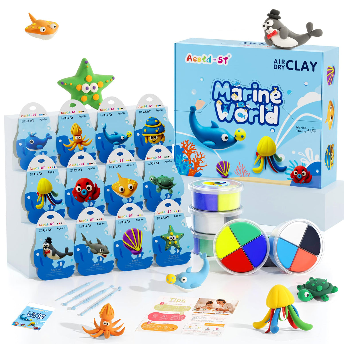 Aestd-ST Ocean Theme Clay Kit with 12 color boxes for easy, mess-free art projects.