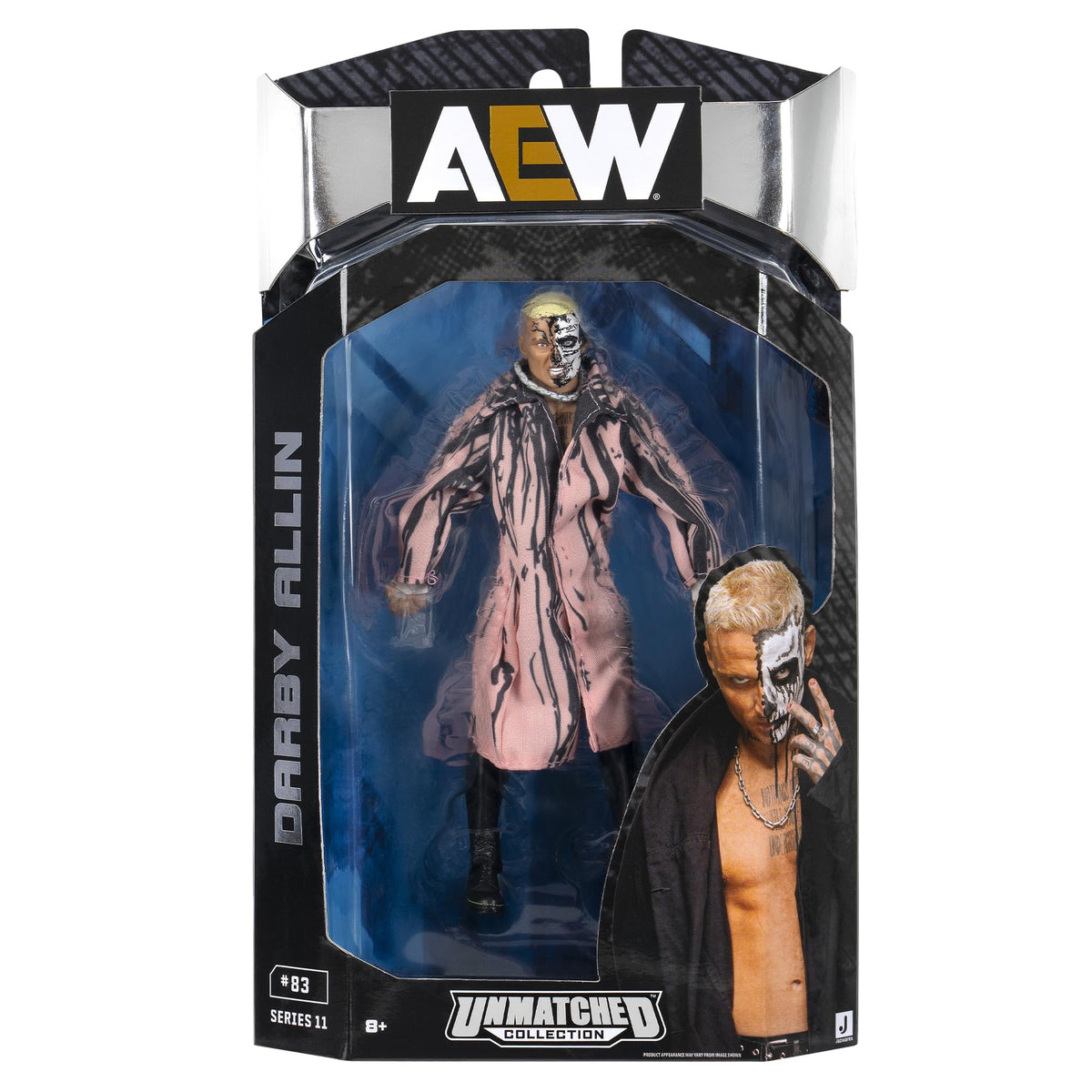 AEW Darby Allin Pink Coat figure front view for collectors and display purposes.
