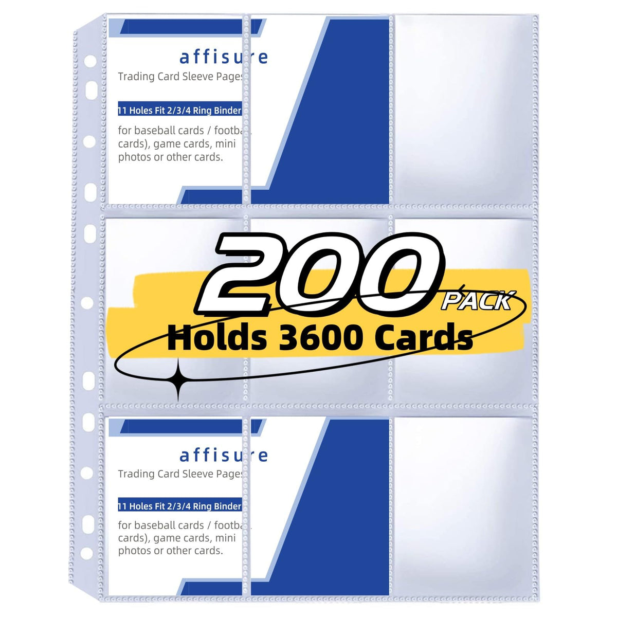 Affisure 200-pack 9-pocket pages opened for double-sided card viewing.