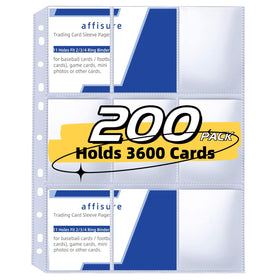 Affisure 200-pack 9-pocket pages opened for double-sided card viewing.
