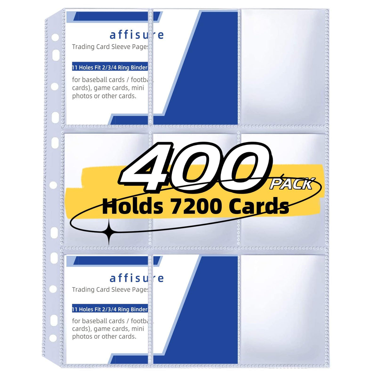 Affisure 400-pack 9-pocket pages front view showing double-sided card display
