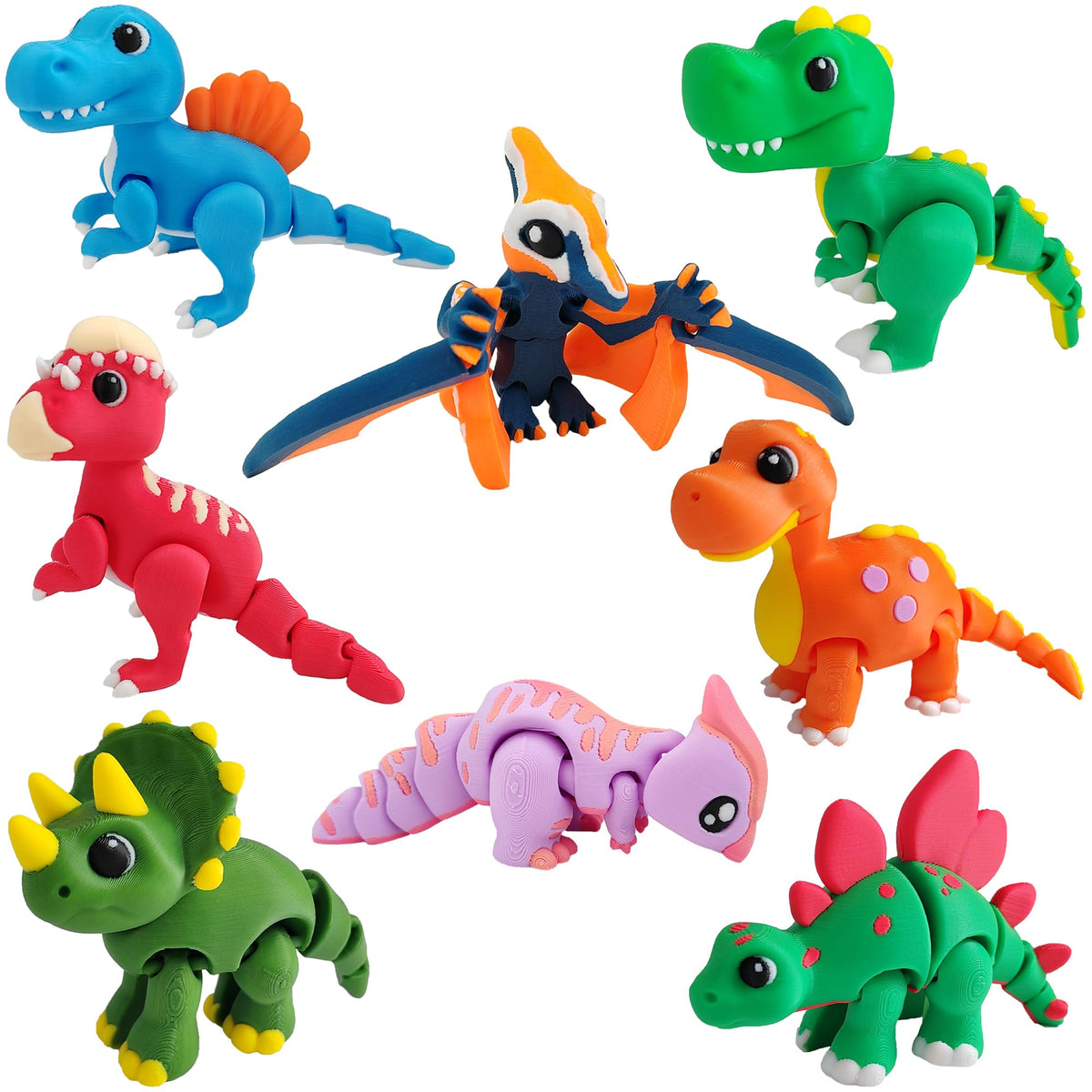 AFUDO 8-pcs dinosaur set with bright colors and movable joints for desk decor and play.