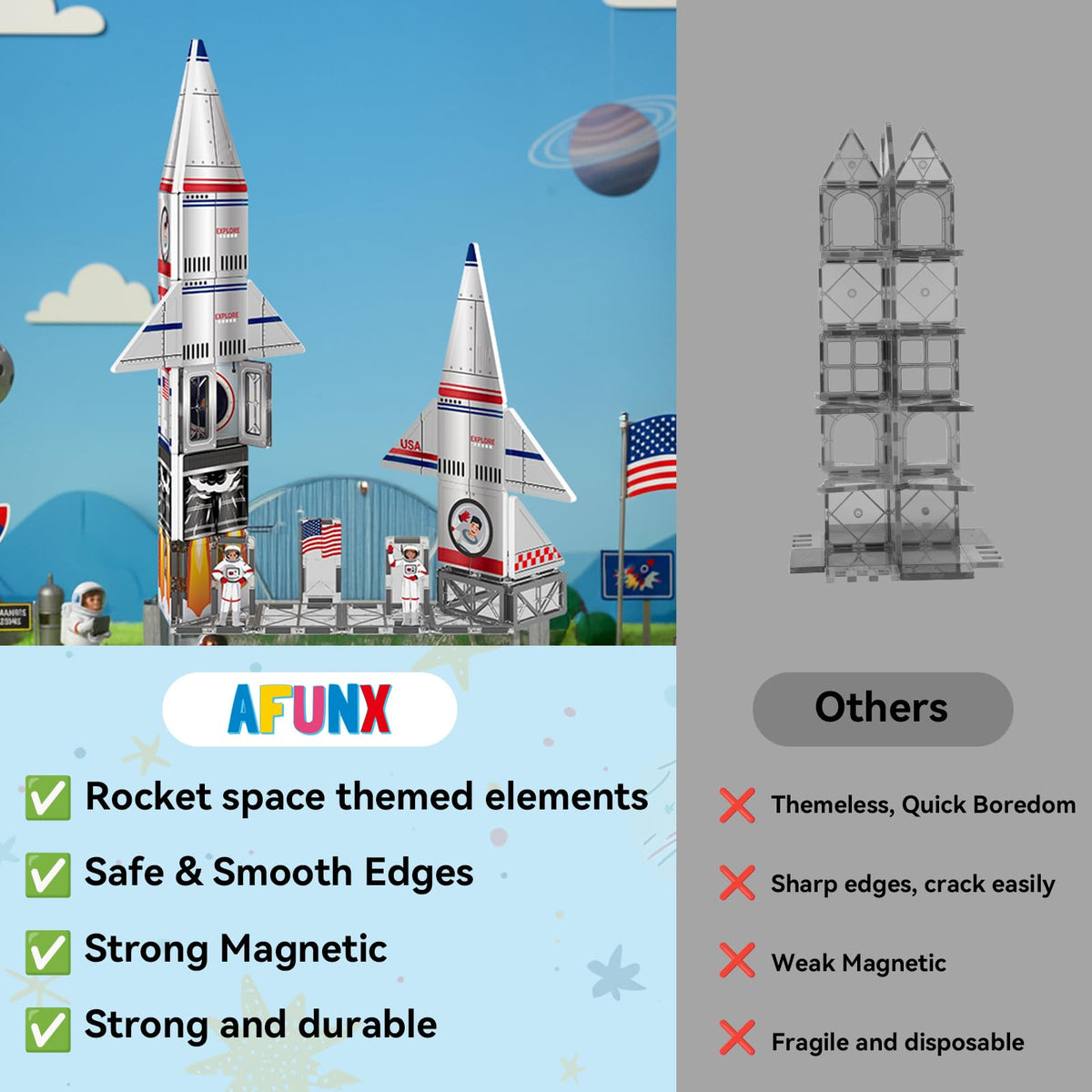 AFUNX Space Rocket Set magnets provide stable, easy connections