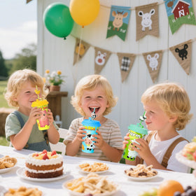 AFZMON farm graphics cups brighten table decor for farm-themed celebrations.