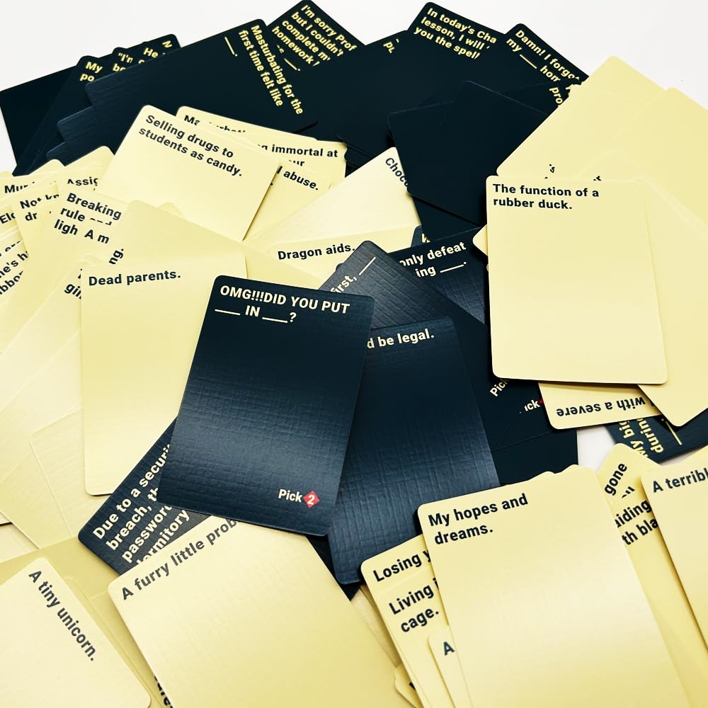 Close-up of Againt Crimes Potter Edition card stack highlighting themed prompts.