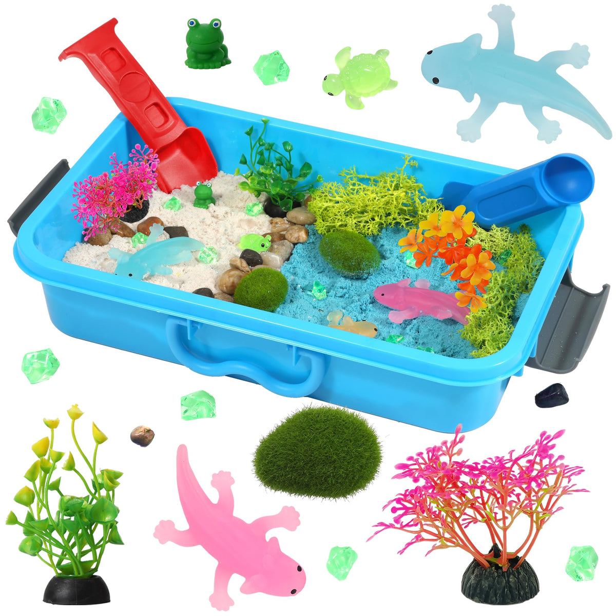 AGENTLAN Axolotl Sensory Bin setup with colorful sand for imaginative play