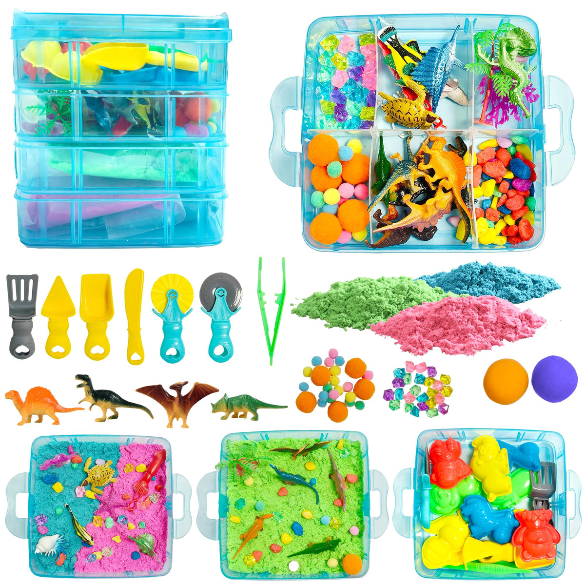 AGENTLAN sensory bin setup with dinosaurs and ocean pieces sparks imaginative play and exploration.