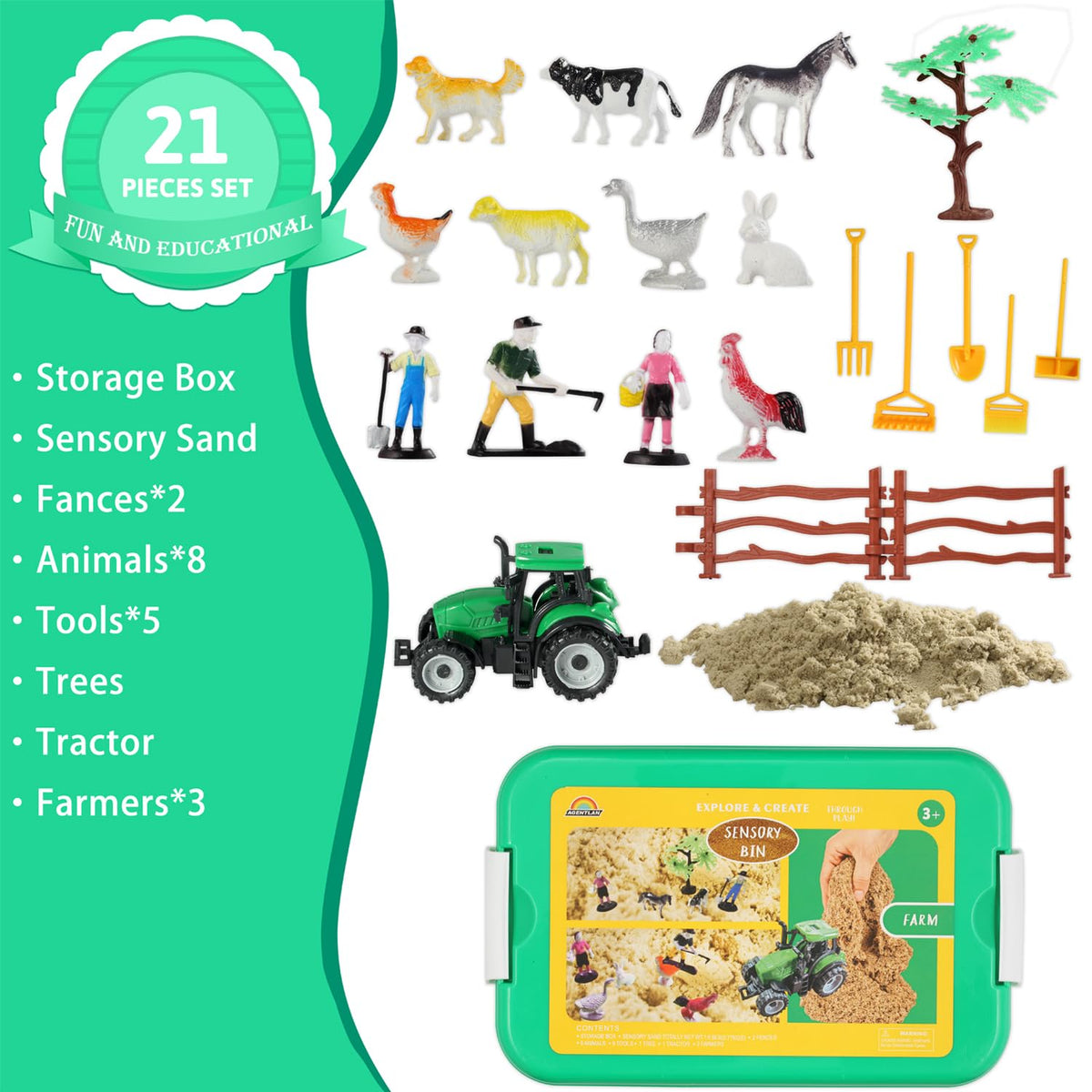 AGENTLAN Farm Sensory Bin with 8 animals invites imaginative pretend play.