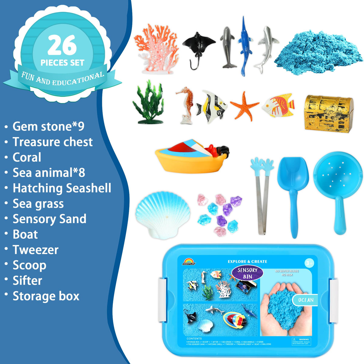 AGENTLAN Ocean Sensory Bin gem stones support color sorting and hand-eye coordination.
