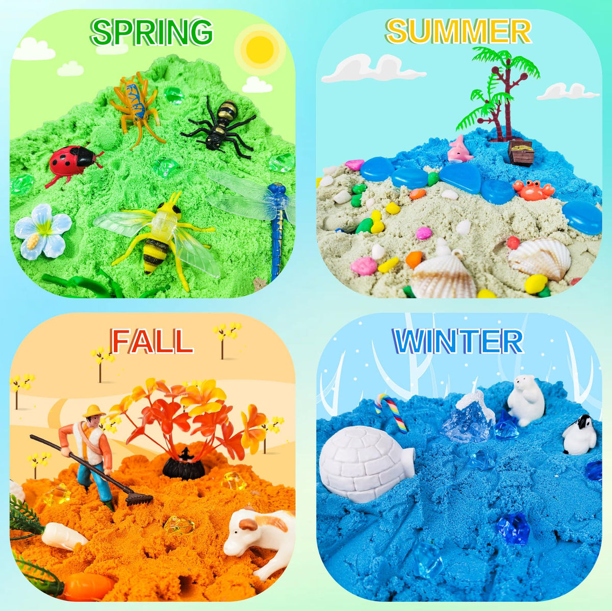 AGENTLAN colorful sensory sands in blue, green, orange, and sand-colored hues spark imaginative play.