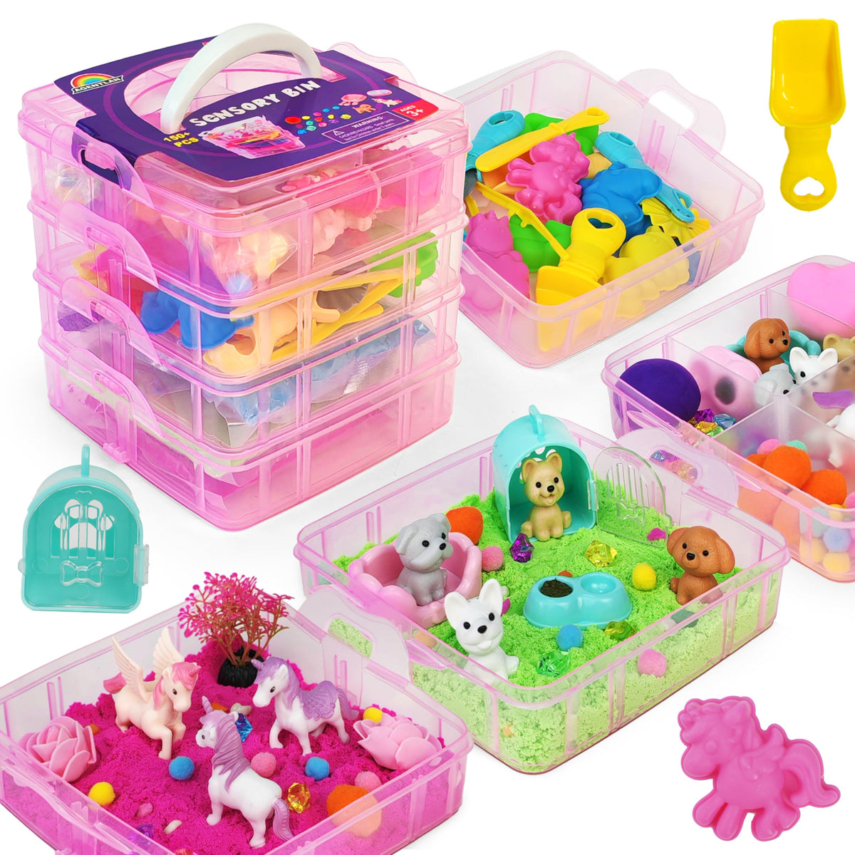 AGENTLAN stackable sensory bin with unicorn and pet toys for creative play and exploration.
