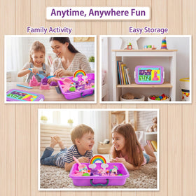 AGENTLAN Unicorn Sensory Bin glitter-pom-poms add sparkle for engaging pretend play.