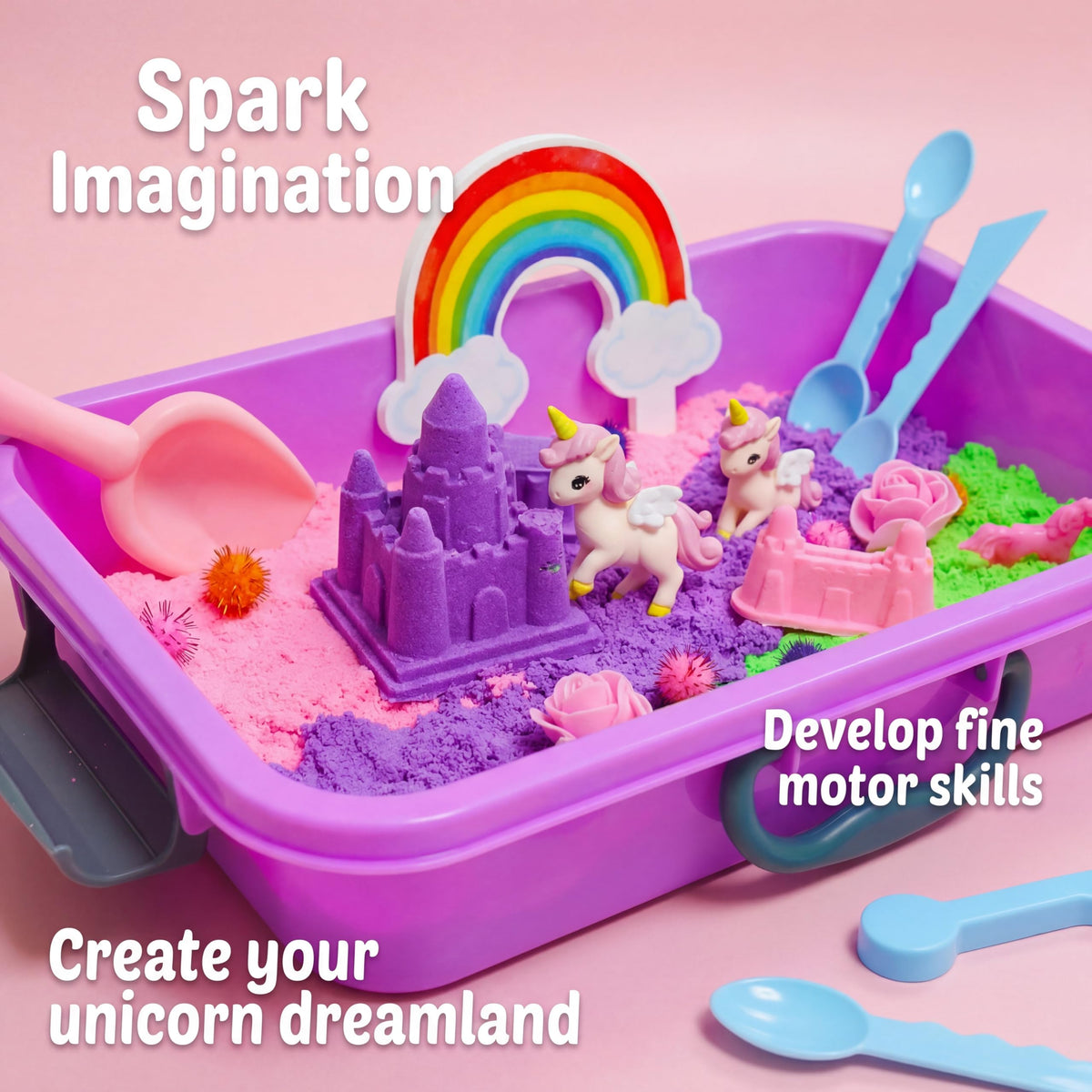 AGENTLAN Unicorn Sensory Bin pink sand highlights soothing texture for calm sensory sessions.