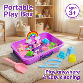 AGENTLAN Unicorn Sensory Bin storage-container keeps sand tidy for easy cleanup.