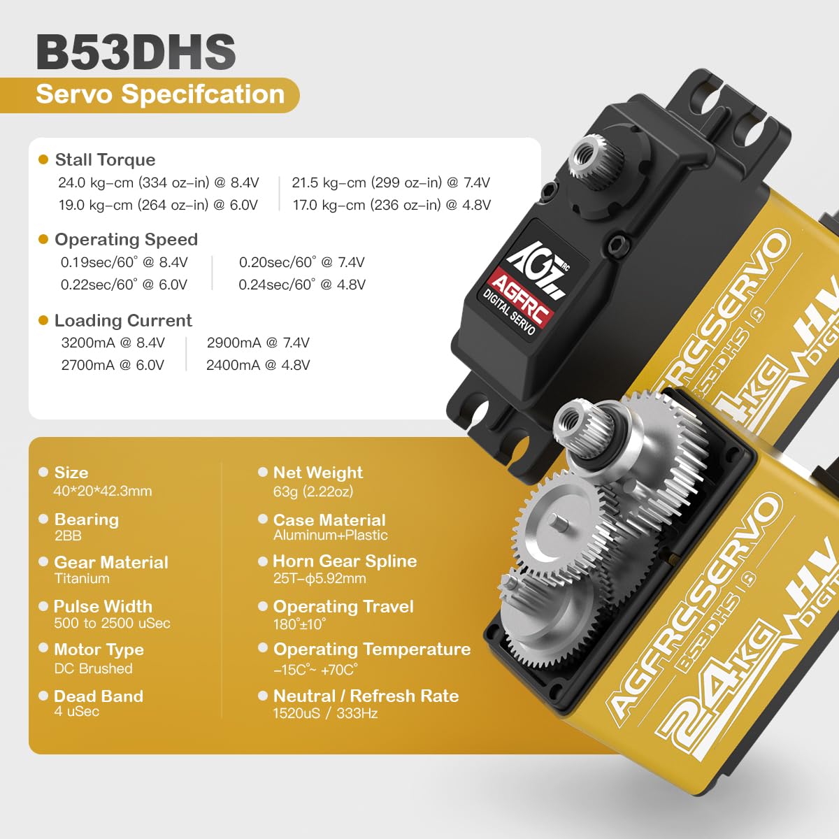 AGFRC 24KG digital servo side view highlighting robust build for RC use
