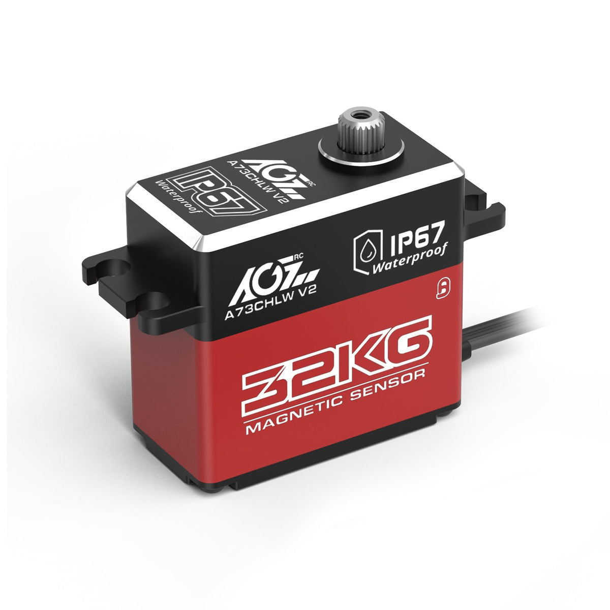 AGFRC A73CHLW V2 servo front view highlights rugged metal gears for durability.