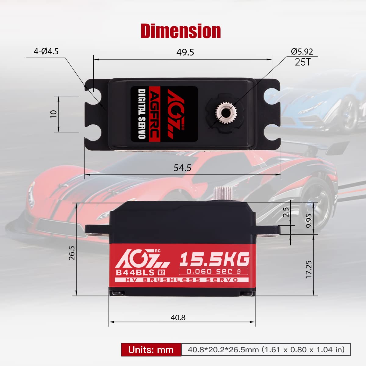 AGFRC B44BLS V2 stall torque 14 kg-cm at 7.4V demonstrated