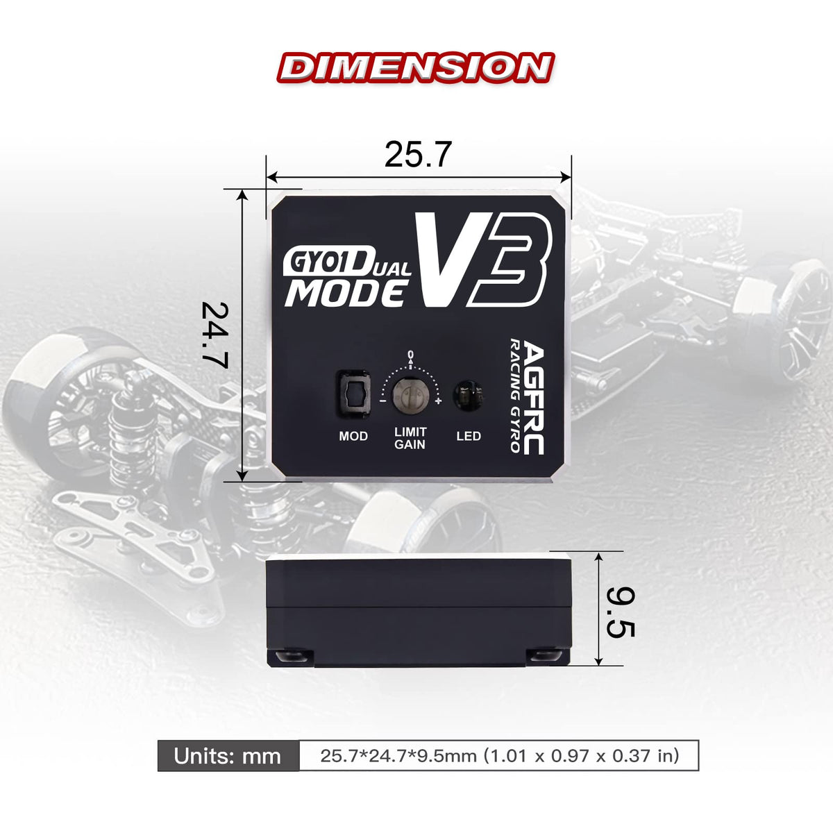 AGFRC compact 25.7x24.7x9.5mm profile fits tight RC setups.
