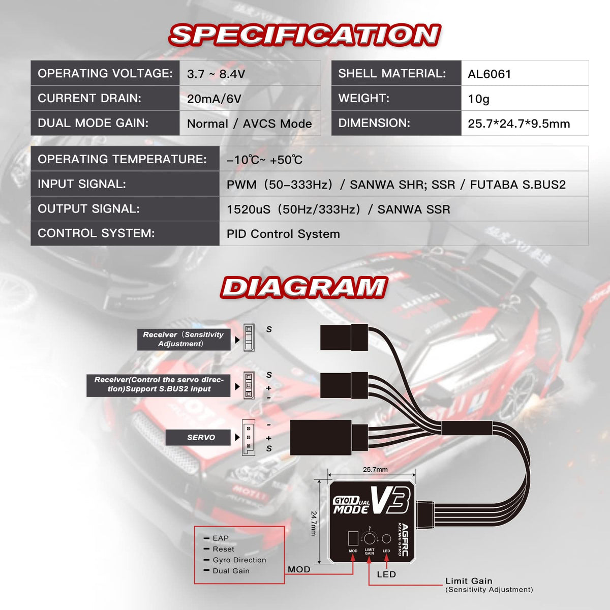 AGFRC gyro EPA feature enables model-specific tuning for various scale RC cars.