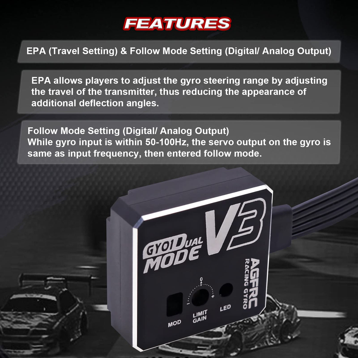 AGFRC gyro compatible with PWM, S.BUS2, Sanwa for flexible setups.