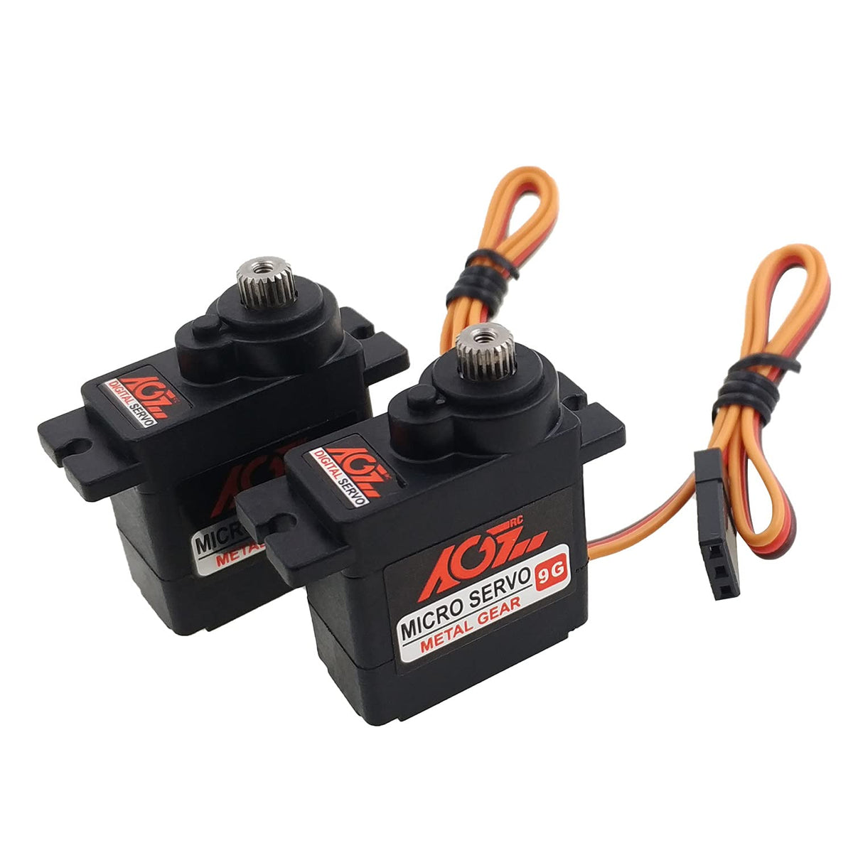 AGFRC micro 9g servo front view shows compact metal-gear reliability for RC models.