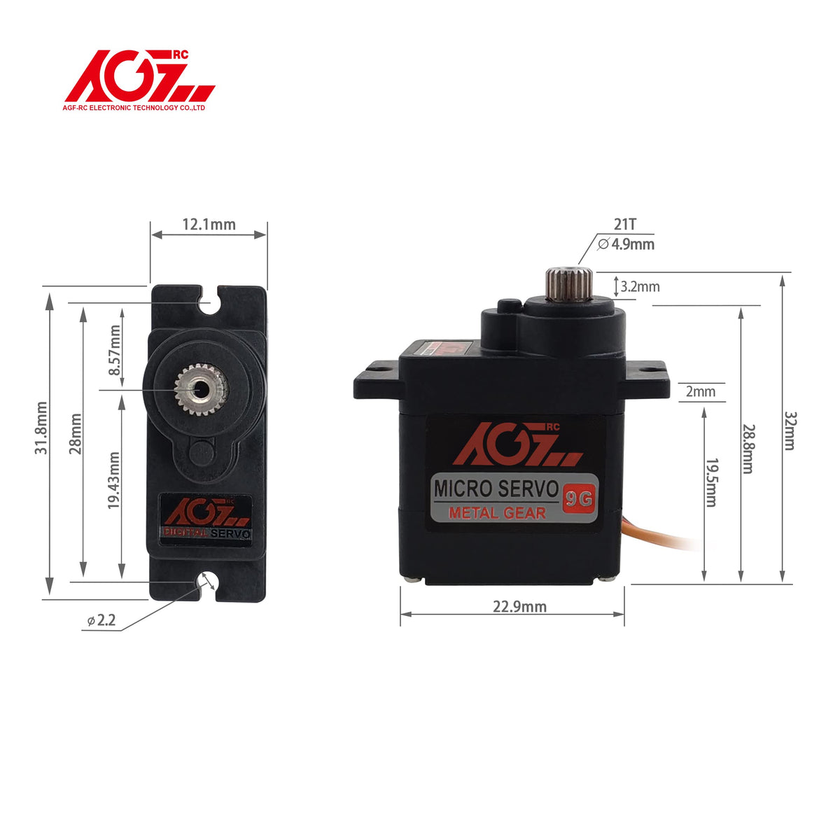 AGFRC micro 9g servo torque 2.2–2.8 kg.cm at 4.8–6.0V for steady control.